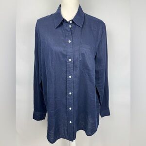 GAP Women’s Linen Shirt Tunic Navy Blue Long Sleeves Button Up Large Vacation